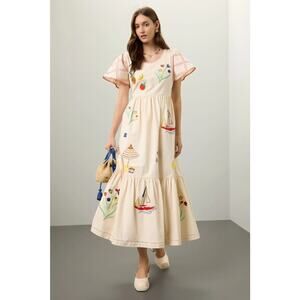 Hunter Bell Sz 2 Marley Cream Fruit Sailboat Embroidered Short Sleeve Midi Dress